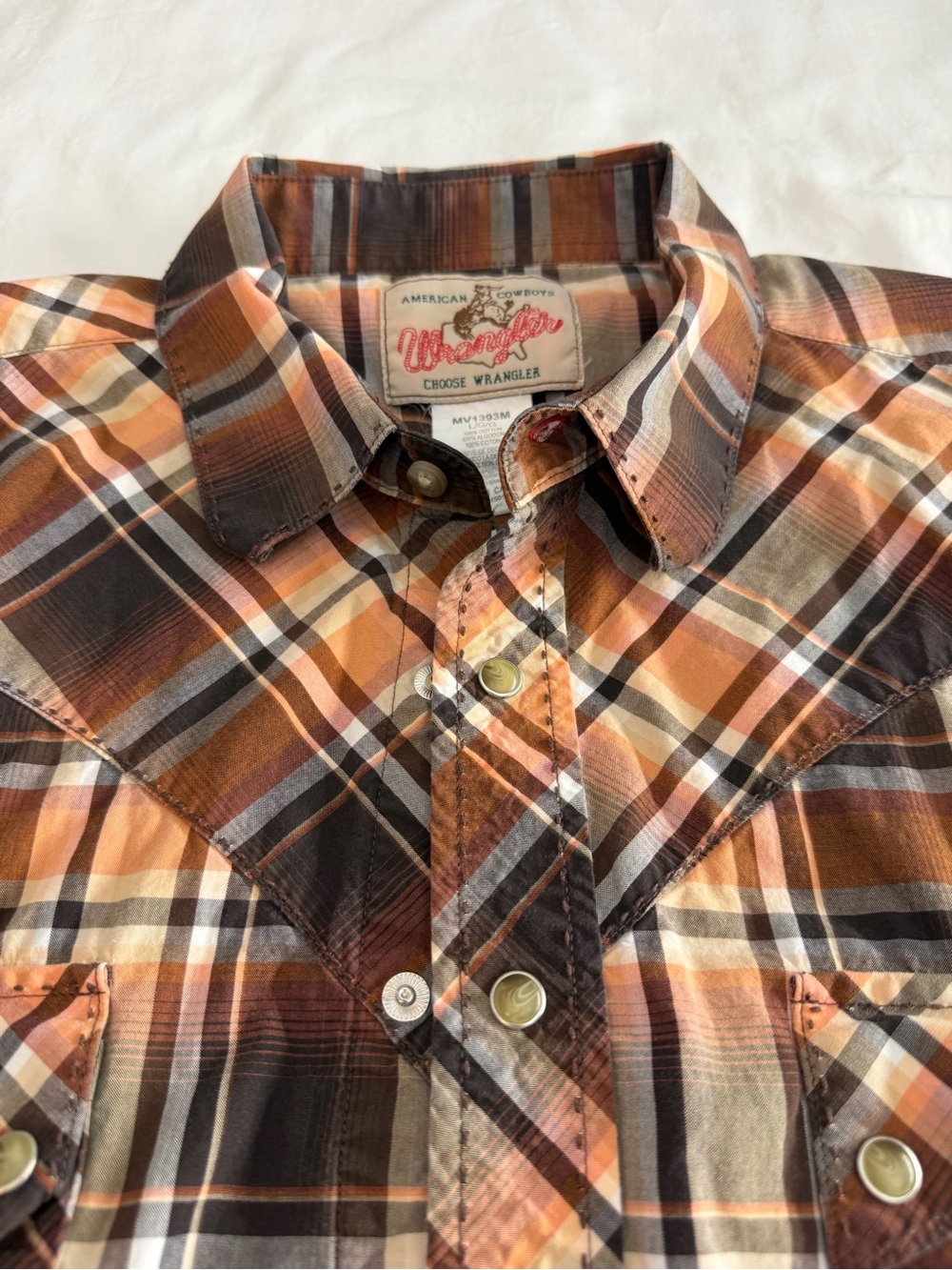 Men’s Wrangler American Cowboy Brown Plaid Western Pearl Snap Shirt Size Large
